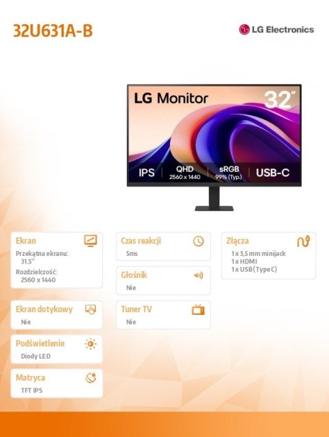 LG Electronics Monitor 31.5 cala 32U631A-B QHD 100Hz IPS HDR10