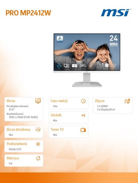 MSI Monitor PRO MP2412W 23.8 cala LED/FHD/Flat/100Hz/Biały MSI Monitor PRO MP2412W 23.8 cala LED/FHD/Flat/100Hz/Biały