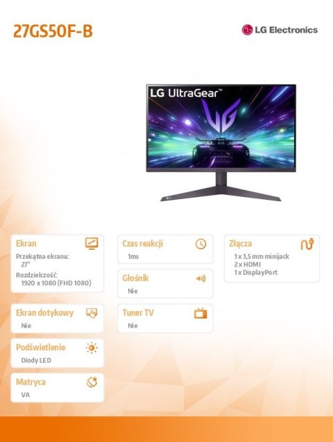 LG Electronics Monitor 27GS50F-B 27 cali FHD UltraGear 180Hz