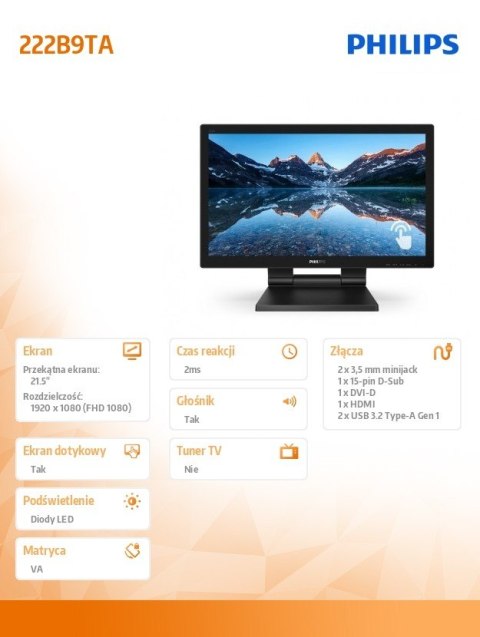 Philips Monitor LCD 222B9TA 21.5 cala VA Touch 10 points Philips Monitor LCD 222B9TA 21.5 cala VA Touch 10 points