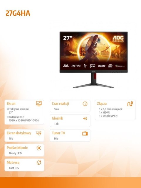 AOC Monitor 27G4HA 27 cali Fast IPS 200Hz HDMIx2 DP Pivot Glośniki