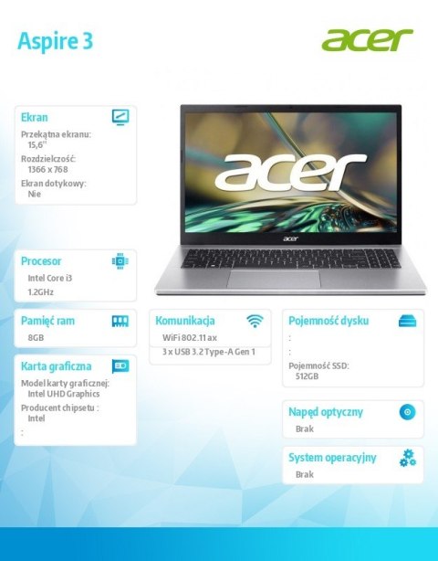 Acer Notebook Aspire 3 A315-59-32SX i3-1215U 15.6" 8GB 512GB NoOS Srebrny