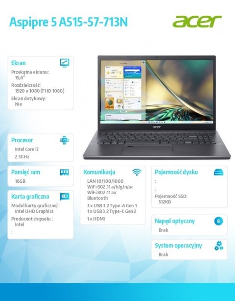 Acer Notebook Aspire 5 A515-57-713N i7-12650H 15.6" FHD 16GB 512GB NoOS szary