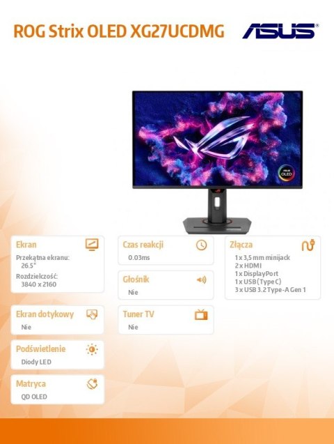 Asus Monitor 27 cali XG27UCDMG OLED 4K 240Hz HDMI DP USB-C Asus Monitor 27 cali XG27UCDMG OLED 4K 240Hz HDMI DP USB-C