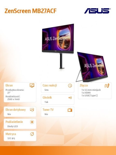 Asus Monitor 27 cali MB27ACF ZEN SC IPS QHD100Hz USB-C HDMI Asus Monitor 27 cali MB27ACF ZEN SC IPS QHD100Hz USB-C HDMI