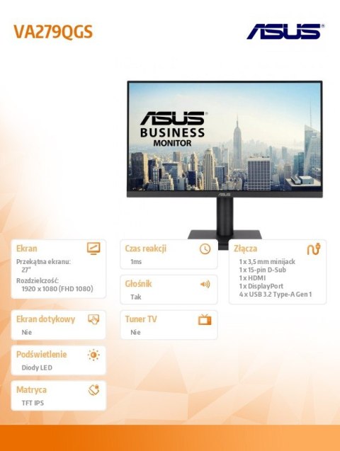 Asus Monitor 27 cali VA279QGS IPS FHD 120Hz HDMI VGA Asus Monitor 27 cali VA279QGS IPS FHD 120Hz HDMI VGA