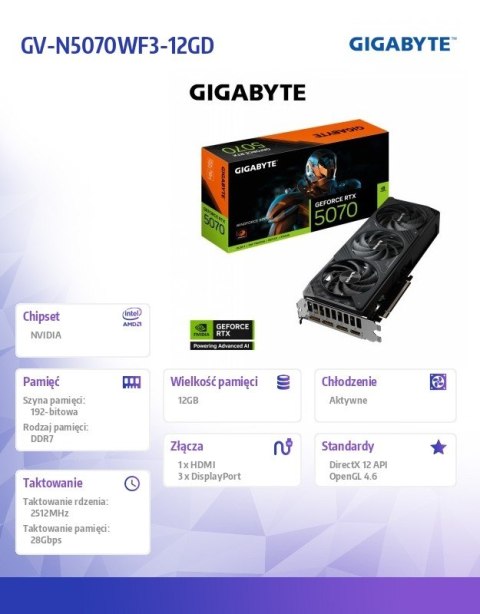 Gigabyte Karta graficzna RTX 5070 WINDFORCE SFF 12G 192BIT GDDR7 3DP/HDM