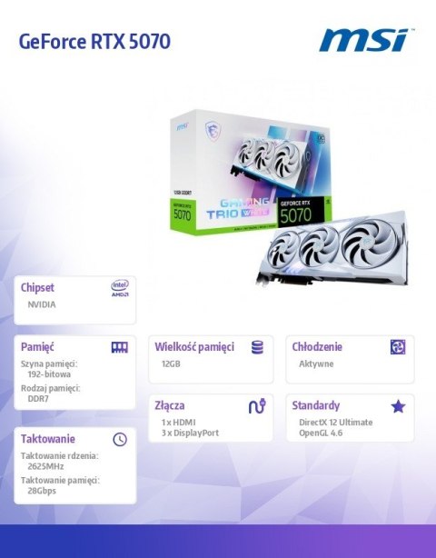 MSI Karta graficzna GeForce RTX 5070 12G GAMING TRIO OC WHITE GDDR7 192bit MSI Karta graficzna GeForce RTX 5070 12G GAMING TRIO OC WHITE GDDR7 192bit