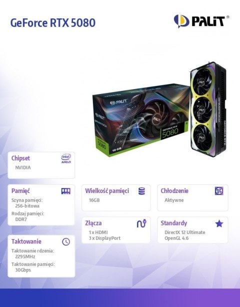 Palit Karta graficzna GeForce RTX 5080 GameRock 16GB GDDR7 256bit 3DP/HDMI Palit Karta graficzna GeForce RTX 5080 GameRock 16GB GDDR7 256bit 3DP/HDMI