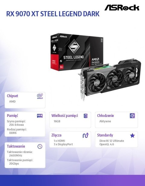 ASRock Karta graficzna RX 9070 XT STEEL LEGEND DARK 16GB GDDR6 256bit 3DP/HDMI