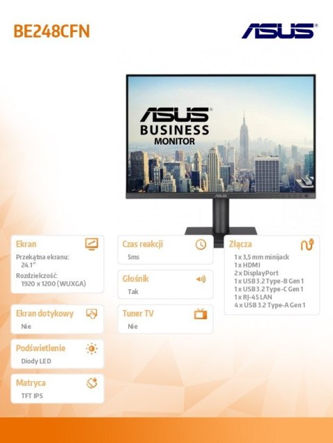 Asus Monitor 24.1 cala BE248CFN WUXGA IPS 100Hz HDMI RJ45 Asus Monitor 24.1 cala BE248CFN WUXGA IPS 100Hz HDMI RJ45
