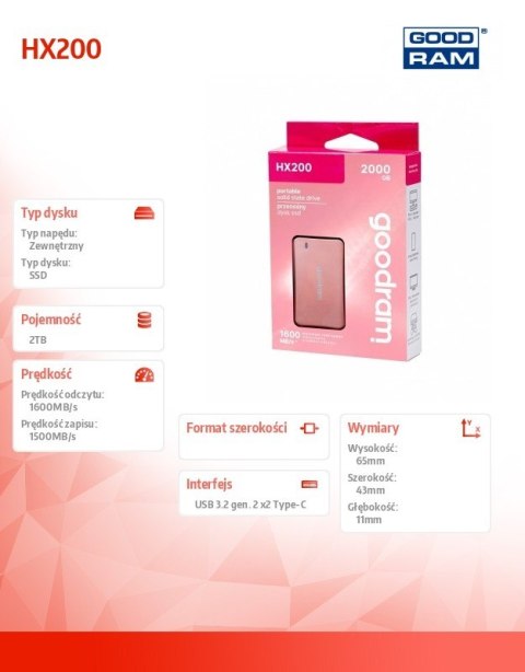 GOODRAM Dysk SSD HX200 2TB USB-C+A 1600/1500MB/S różowe złoto GOODRAM Dysk SSD HX200 2TB USB-C+A 1600/1500MB/S różowe złoto