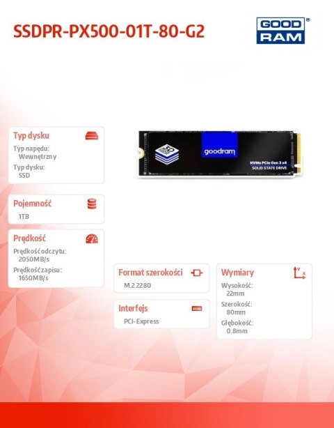 GOODRAM Dysk SSD PX500-G2 1TB M.2 PCIe 3x4 NVMe 2280 GOODRAM Dysk SSD PX500-G2 1TB M.2 PCIe 3x4 NVMe 2280