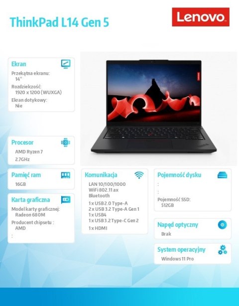 Lenovo Laptop ThinkPad L14 AMD G5 21L5002MPB W11Pro 7735U/16GB/512GB/INT/14.0 WUXGA/1YR Premier Support + 3YRS OS + Co2 Offset