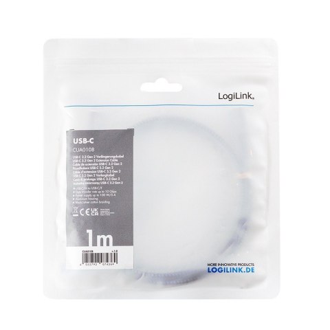 LogiLink Kabel USB3.2 gen2 TypeC do USB-C/F, PD, 1m LogiLink Kabel USB3.2 gen2 TypeC do USB-C/F, PD, 1m