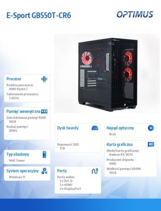 OPTIMUS Komputer E-Sport GB550T-CR6 Ryzen 7 5800X/16GB/1TB/RX 9070 OC 16GB/W11