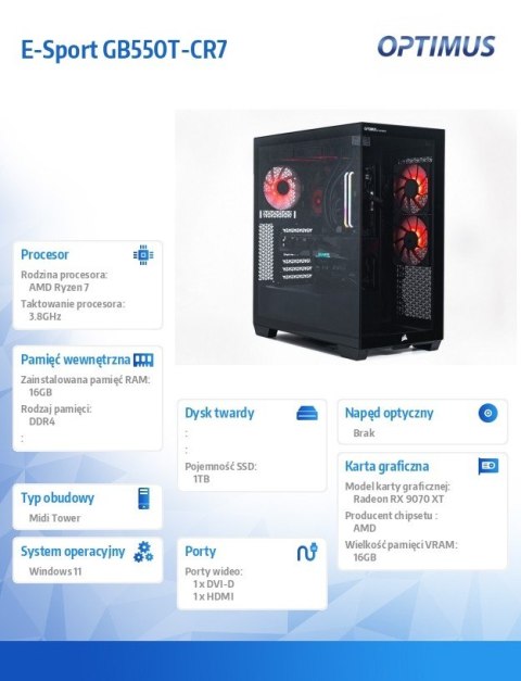 OPTIMUS Komputer E-Sport GB550T-CR7 Ryzen 7 5800X/16GB/1TB/RX 9070XT OC 16GB/W11 OPTIMUS Komputer E-Sport GB550T-CR7 Ryzen 7 5800X/16GB/1TB/RX 9070XT OC 16GB/W11