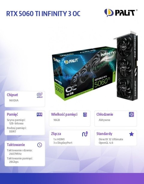 Palit Karta graficzna RTX 5060 TI INFINITY 3 OC 16GB GDDR7 128bit 3DP/HDMI