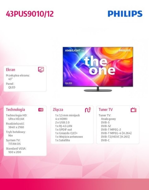 Philips Telewizor QLED 43 cale 43PUS9010/12 Philips Telewizor QLED 43 cale 43PUS9010/12