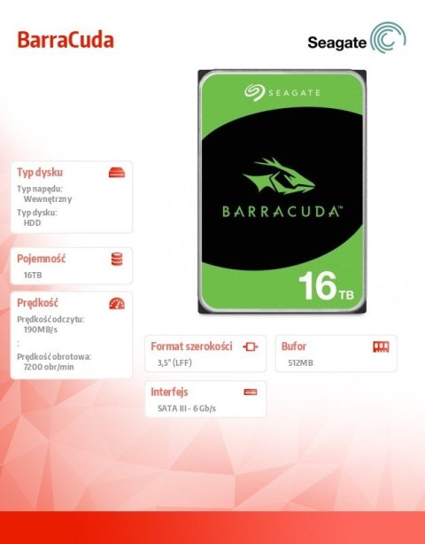 Seagate Dysk twardy BarraCuda 16TB 3.5 cala ST16000DM001 Seagate Dysk twardy BarraCuda 16TB 3.5 cala ST16000DM001