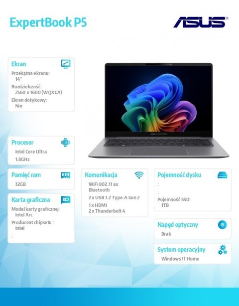 Asus Notebook ExpertBook P5 P5405CSA-NZ0417W Ultra 7 258V 32GB/1TB Win 11Home/3YRS