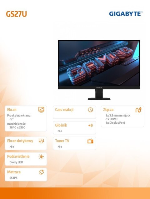 Gigabyte Monitor 27 cali GS27U EK UHD 2HDMI 1DP 160Hz Gigabyte Monitor 27 cali GS27U EK UHD 2HDMI 1DP 160Hz