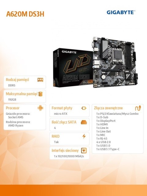 Gigabyte Płyta główna A620M DS3H AM5 4DDR5 HDMI/DP M.2 mATX Gigabyte Płyta główna A620M DS3H AM5 4DDR5 HDMI/DP M.2 mATX