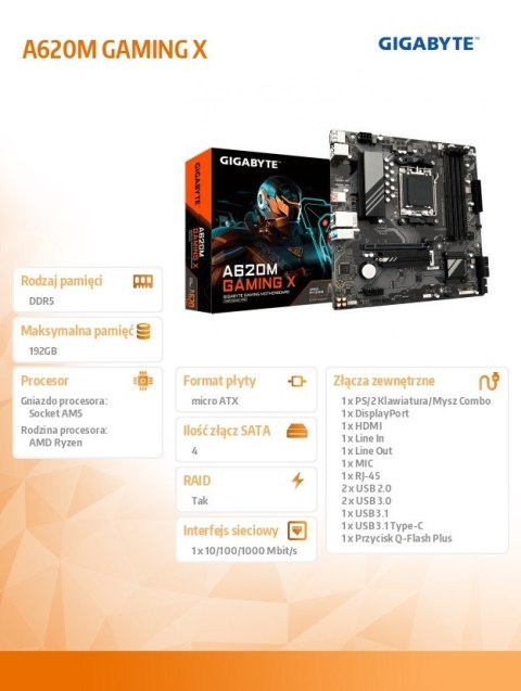 Gigabyte Płyta główna A620M GAMING X AM5 4DDR5 HDMI/DP M.2 mATX Gigabyte Płyta główna A620M GAMING X AM5 4DDR5 HDMI/DP M.2 mATX