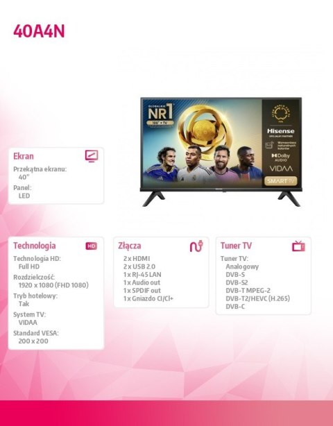 Hisense Telewizor LED 40 cali 40A4N