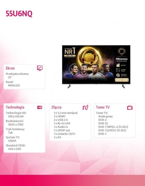 Hisense Telewizor MINI-LED QLED 55 cali 55U6NQ