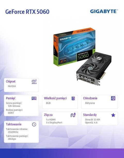 Gigabyte Karta graficzna GeForce RTX 5060 EAGLE OC 8G GDDR7 3DP/HDMI Gigabyte Karta graficzna GeForce RTX 5060 EAGLE OC 8G GDDR7 3DP/HDMI