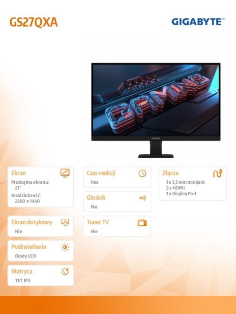 Gigabyte Monitor 27 cali GS27QXA IPS QHD/2xHDMI/DP 240Hz Gigabyte Monitor 27 cali GS27QXA IPS QHD/2xHDMI/DP 240Hz