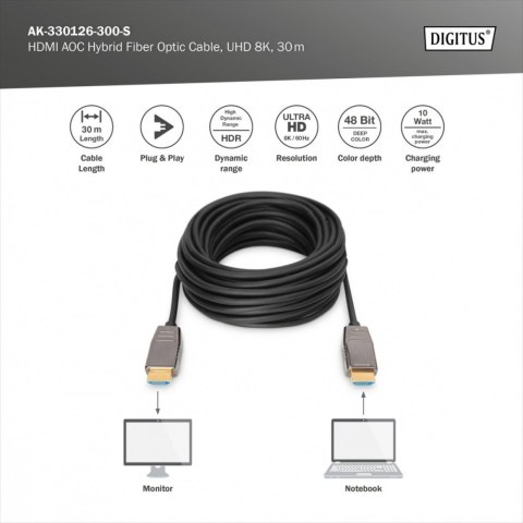 Digitus Kabel połączeniowy hybrydowy AOC HDMI 2.1 Ultra High Speed 8K/60Hz UHD HDMI A/HDMI A M/M 30m Czarny Digitus Kabel połączeniowy hybrydowy AOC HDMI 2.1 Ultra High Speed 8K/60Hz UHD HDMI A/HDMI A M/M 30m Czarny