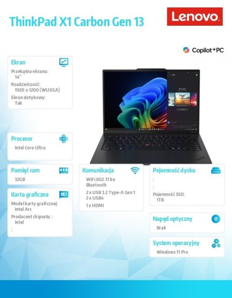 Lenovo Ultrabook Thinkpad X1 Carbon G13 21NS004NPB W11Pro Ultra 7 258V/32GB/1TB/INT/14.0 WUXGA/Touch/Black/3YRS Premier Support + CO2 Lenovo Ultrabook Thinkpad X1 Carbon G13 21NS004NPB W11Pro Ultra 7 258V/32GB/1TB/INT/14.0 WUXGA/Touch/Black/3YRS Premier Support + CO2
