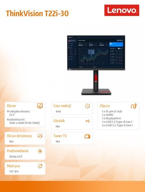 Lenovo Monitor 21.5 cala ThinkVision T22i-30 WLED LCD 63B0MAT6EU