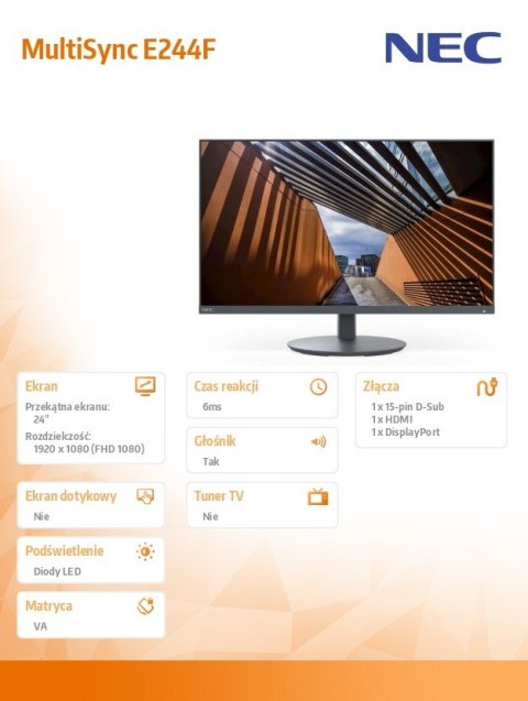 NEC Monitor MultiSync E244F 24 cale DP HDMI czarny NEC Monitor MultiSync E244F 24 cale DP HDMI czarny