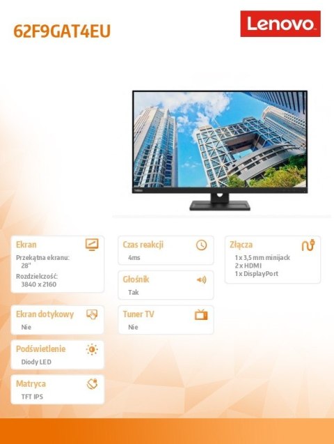 Lenovo Monitor ThinkVision 28 cali E28u-20 WLED 62F9GAT4EU