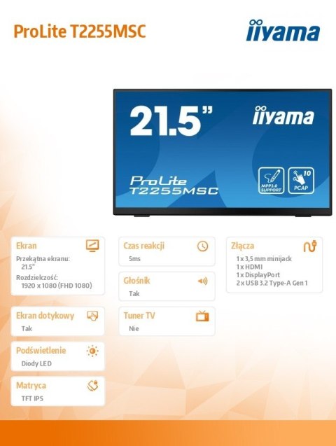 IIYAMA Monitor 21.5 cala T2255MSC-B1 POJ.10PKT.IPS,HDMI,DP,2xUSB 3.0 IIYAMA Monitor 21.5 cala T2255MSC-B1 POJ.10PKT.IPS,HDMI,DP,2xUSB 3.0