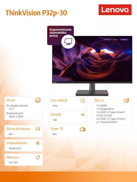 Lenovo Monitor 31.5 cala ThinkVision P32p-30 WLED LCD 63D1RAT1EU