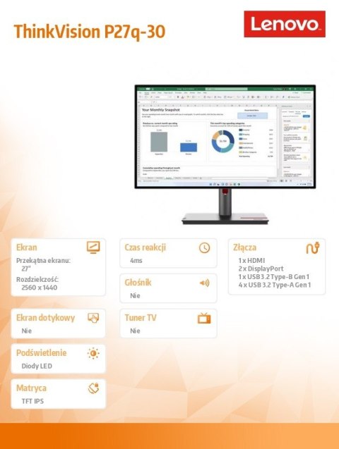 Lenovo Monitor 27 cali ThinkVision P27q-30 WLED LCD 63A2GAT1EU