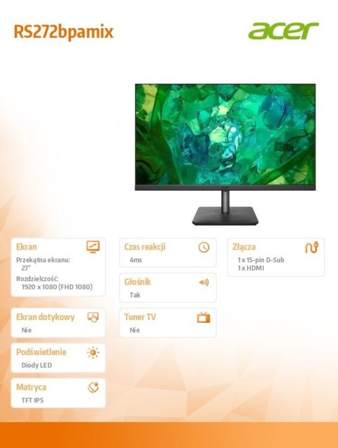 Acer Monitor 27 cali VERO RS272bpamix IPS 4ms/250cd/m2 D-SUB HDMI Głośnik Acer Monitor 27 cali VERO RS272bpamix IPS 4ms/250cd/m2 D-SUB HDMI Głośnik