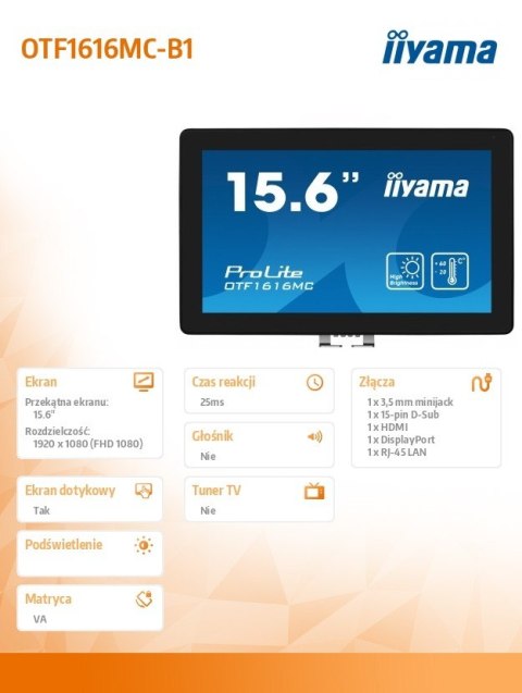 IIYAMA Monitor 16 cali OTF1616MC-B1, VA,poj.10pkt.1100cd,IP65, outdoor, VGA,HDMI,DP,RJ45