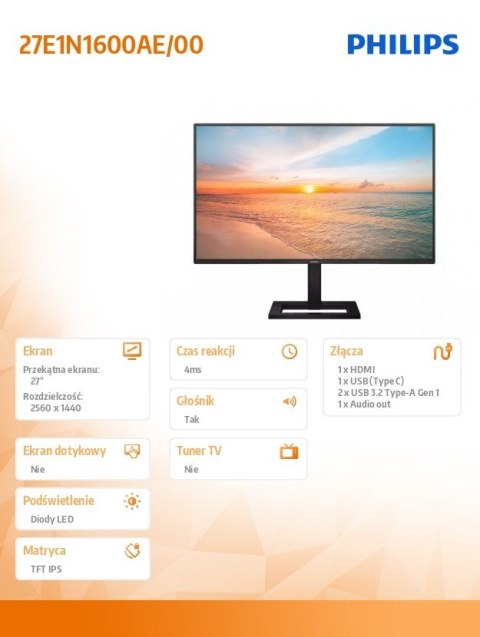 Philips Monitor 27 cali 27E1N1600AE IPS 100Hz HDMI USB-C HAS