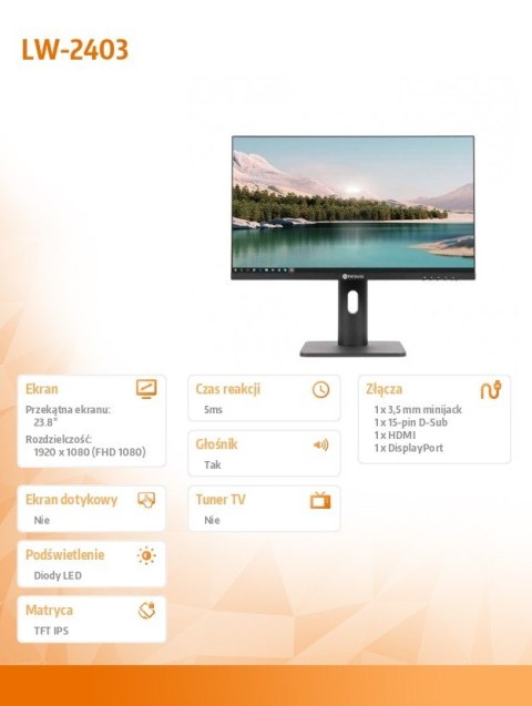 AG NEOVO Monitor 23.8 cala LH-2403 IPS HDMI DP GŁOŚNIK VGA 100Hz