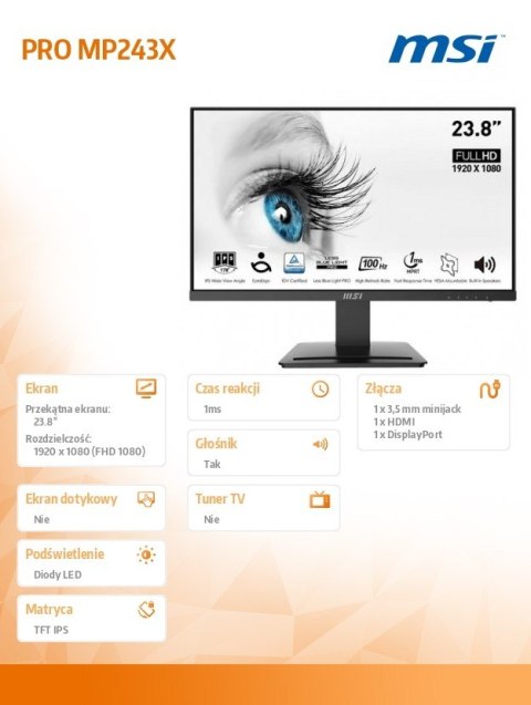 MSI Monitor PRO MP243X 24 cale/LED/FHD/Flat/100Hz/Black MSI Monitor PRO MP243X 24 cale/LED/FHD/Flat/100Hz/Black