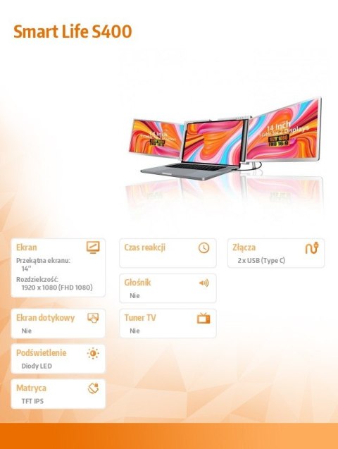 Extralink Przenośne monitory do laptopa Smart Life S400 14 cali, 2 monitory, IPS, 1080p Full HD Extralink Przenośne monitory do laptopa Smart Life S400 14 cali, 2 monitory, IPS, 1080p Full HD