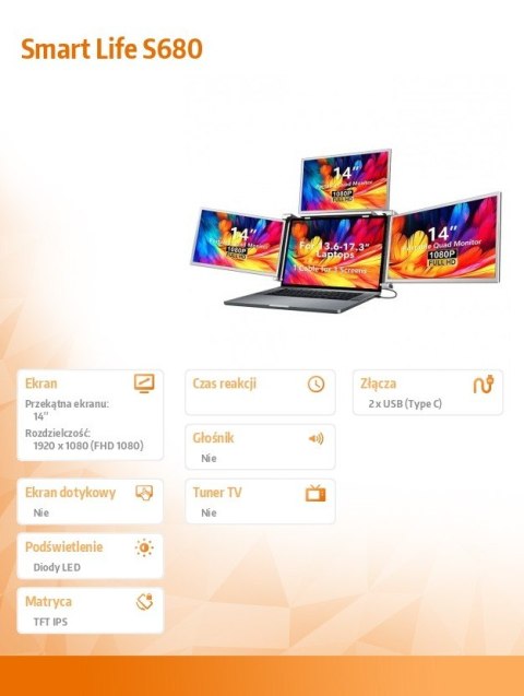 Extralink Przenośne monitory do laptopa Smart Life S680 14 cali, 3 monitory IPS, 1080p Full HD Extralink Przenośne monitory do laptopa Smart Life S680 14 cali, 3 monitory IPS, 1080p Full HD