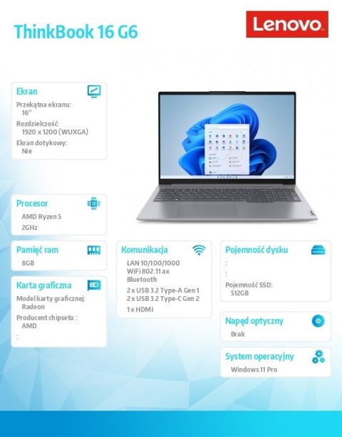 Lenovo Laptop ThinkBook 16 G6 21KK002EPB W11Pro 7530U/8GB/512GB/INT/16.0WUXGA/Arctic Grey/3YRS OS + CO2 Offset