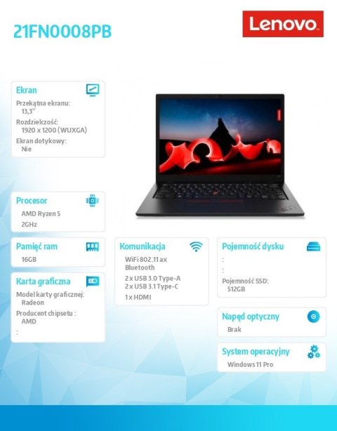 Lenovo Laptop ThinkPad L13 Clam G4 21FN0008PB W11Pro 7530U/16GB/512GB/INT/13.3 WUXGA/Thunder Black/1YR Premier Support + 3YRS OS