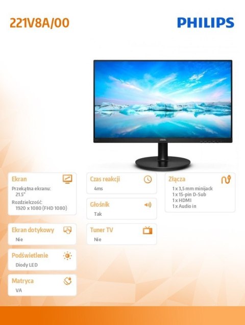 Philips Monitor 21.5 cali 221V8A VA HDMI Głośniki Philips Monitor 21.5 cali 221V8A VA HDMI Głośniki